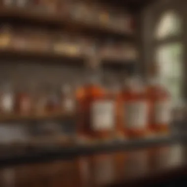 A sophisticated bar setup featuring a variety of bourbon bottles and mixers