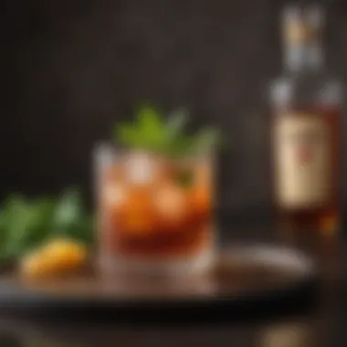 A visually stunning bourbon cocktail adorned with fresh herbs and fruit