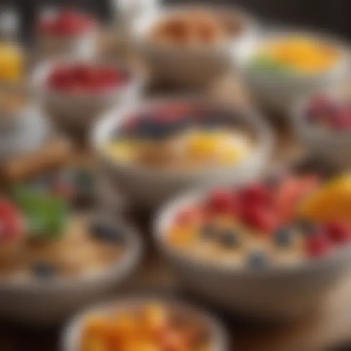 Colorful array of breakfast bowls with fresh fruits and grains