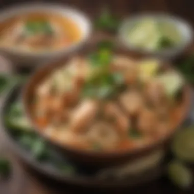 A vibrant bowl of Chicken Phat Thai garnished with fresh herbs and lime