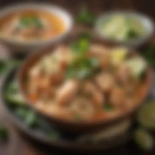 A vibrant bowl of Chicken Phat Thai garnished with fresh herbs and lime