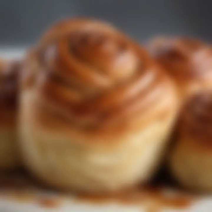 A close-up of a freshly baked cinnamon bun showcasing its texture