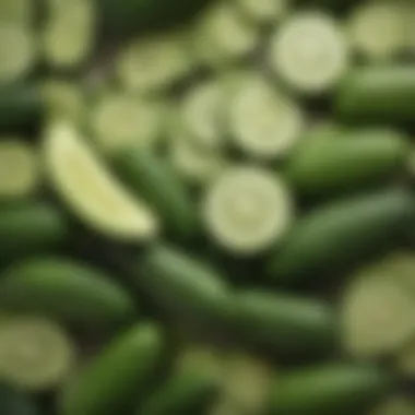 A vibrant display of various cucumbers and ingredients for drinks