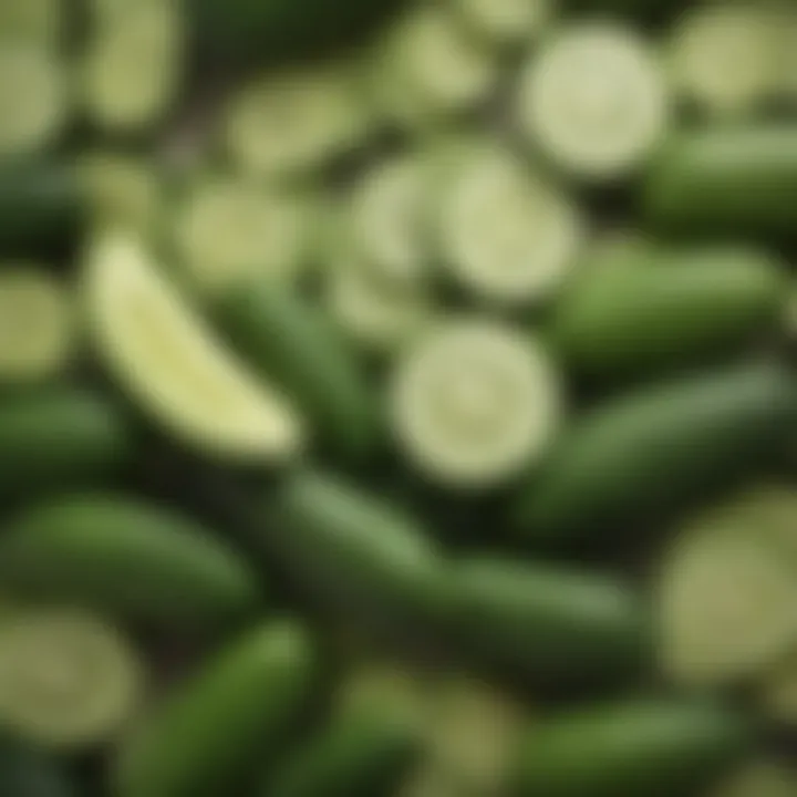 A vibrant display of various cucumbers and ingredients for drinks