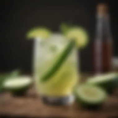 A beautifully garnished cucumber beverage on a rustic table