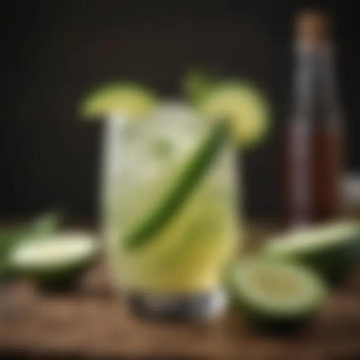 A beautifully garnished cucumber beverage on a rustic table