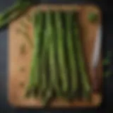 Fresh asparagus spears arranged elegantly on a wooden cutting board
