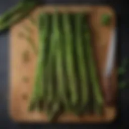 Fresh asparagus spears arranged elegantly on a wooden cutting board