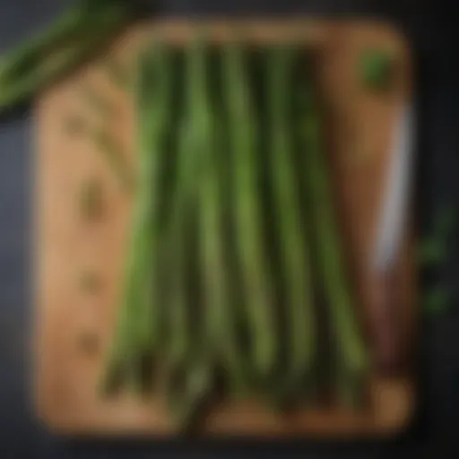 Fresh asparagus spears arranged elegantly on a wooden cutting board