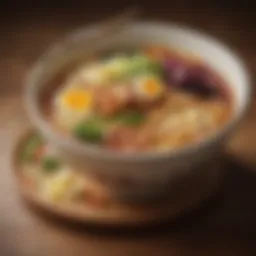 An artistic arrangement of various ramen noodle dishes in vibrant colors.