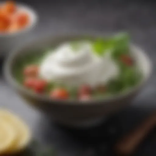 A bowl of plain yogurt with fresh herbs and spices arranged around it.