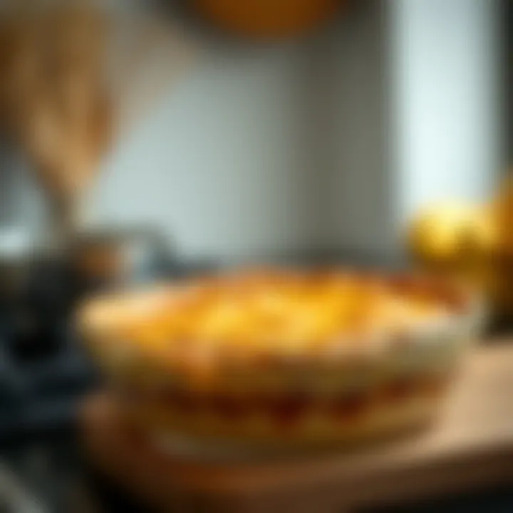 Close-up view of a deep glass pie dish with a perfectly baked pie