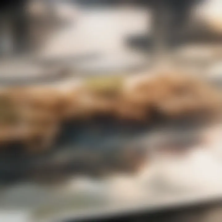 A close-up of crispy potato cakes garnished with fresh herbs and served with a tangy dipping sauce.