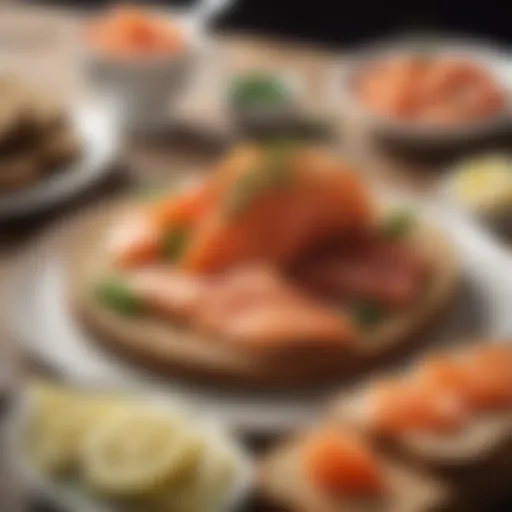 A vibrant platter of traditional Irish appetizers featuring smoked salmon and brown bread.