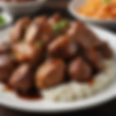 Close-up of adobo, a classic Filipino dish, highlighting its savory sauce and tender meat.