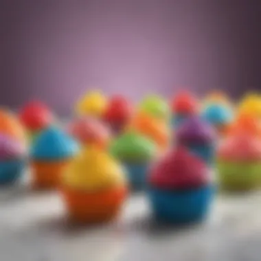 An artistic display of mini cupcakes arranged in a rainbow gradient, showcasing a variety of flavors