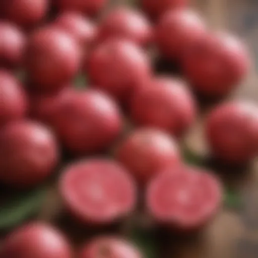 Vibrant pink guavas displayed on a rustic wooden surface