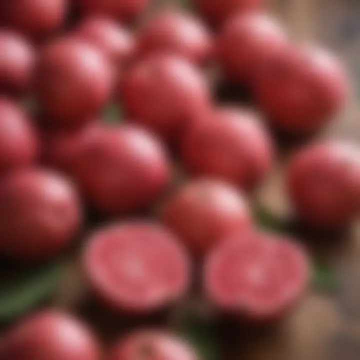 Vibrant pink guavas displayed on a rustic wooden surface