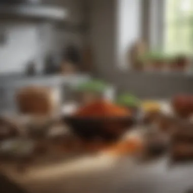 Culinary Inspiration from Spices An inviting kitchen scene with an array of spices and herbs ready for use.