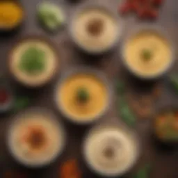 A colorful display of hummus varieties in bowls, showcasing diverse flavors