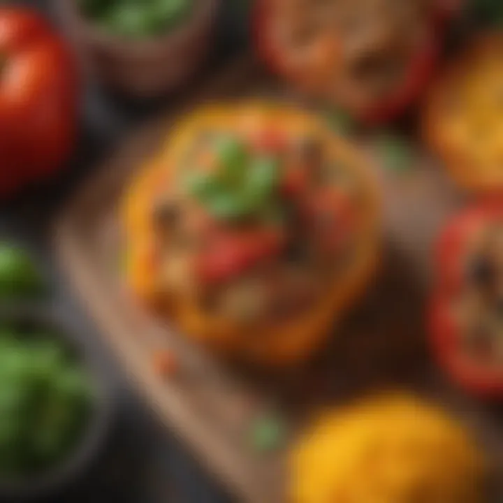 Close-up of a stuffed pepper with colorful quinoa and vegetables