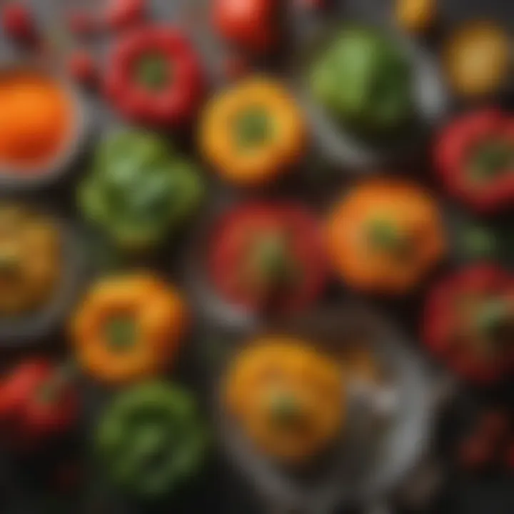 A variety of healthy fillings displayed in bowls next to bell peppers