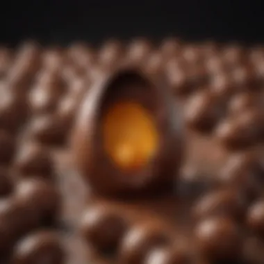 Close-up of a molten chocolate filling inside a hollow Easter egg shell