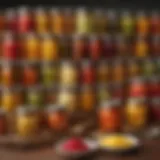 A vibrant display of various hot relishes in jars