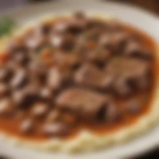 Close-up of tender beef pieces in rich gravy
