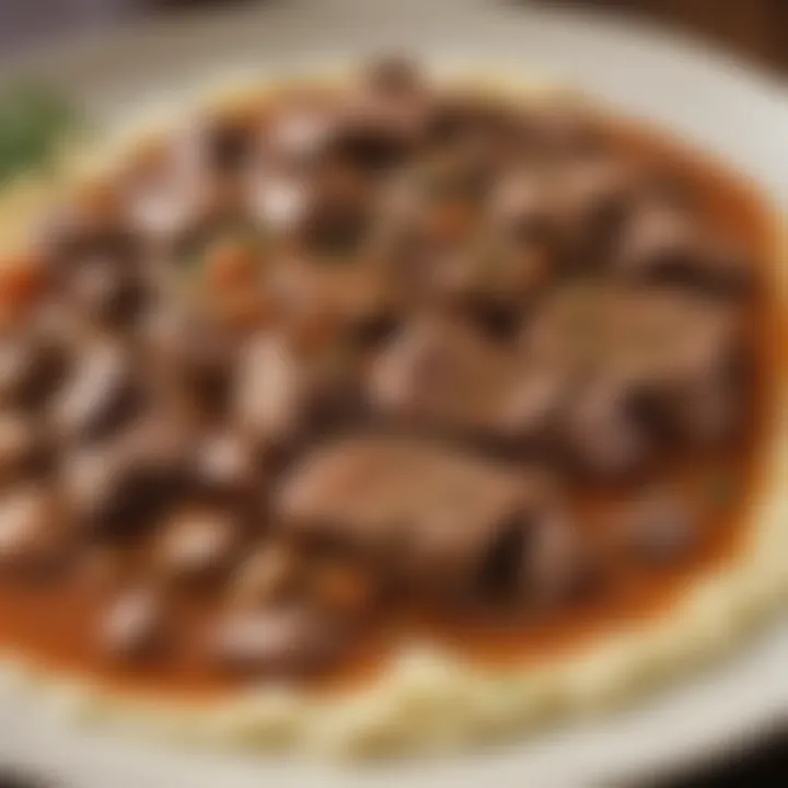 Close-up of tender beef pieces in rich gravy