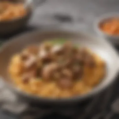 Artfully Plated Stroganoff Delight A beautifully plated dish with garnishes and sides
