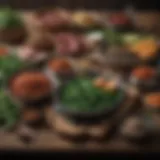 A vibrant spread of iron-rich foods including spinach, lentils, and red meat on a rustic table.