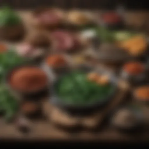 A vibrant spread of iron-rich foods including spinach, lentils, and red meat on a rustic table.