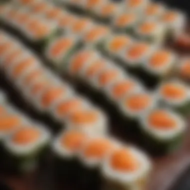 A close-up of a sushi roll with vibrant colors