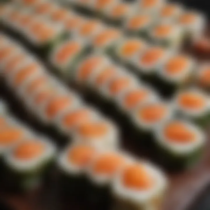 A close-up of a sushi roll with vibrant colors