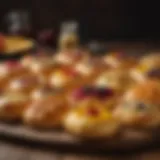 A traditional display of assorted kolaches showcasing various fillings such as fruit, cheese, and meats.