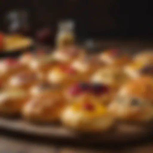 A traditional display of assorted kolaches showcasing various fillings such as fruit, cheese, and meats.