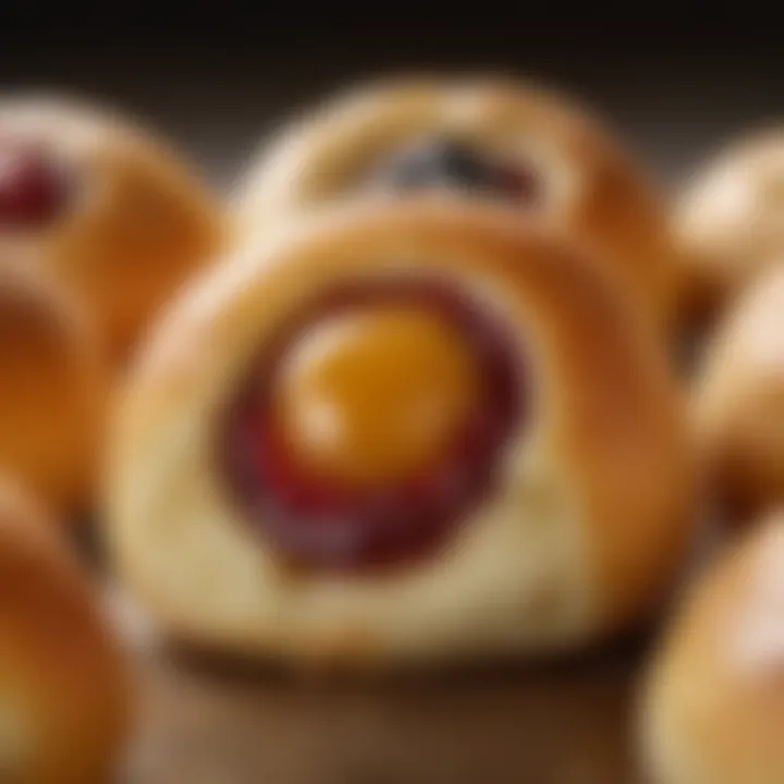 Close-up of a freshly baked kolache with a vibrant fruit filling glistening in the light.