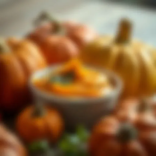 Libby pumpkin puree in a bowl with fresh pumpkins