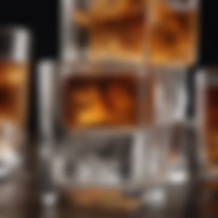 Close-up of artisan ice cubes melting in a glass of bourbon