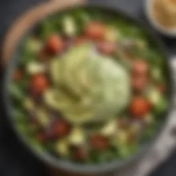Creamy avocado ranch dressing drizzled over a fresh salad