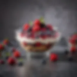 A stylish bowl of low-calorie high-protein dessert topped with fresh berries