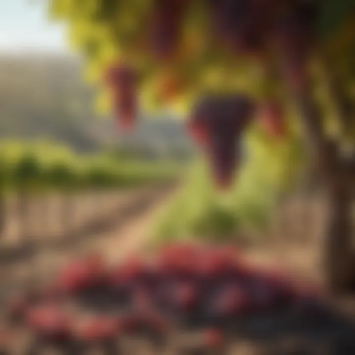 A vineyard showcasing ripe red grapes ready for harvest.
