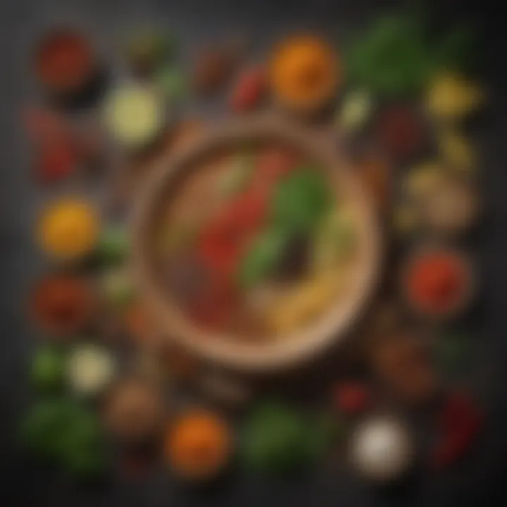 An assortment of key ingredients commonly used in Latin cooking, including spices, herbs, and vegetables.