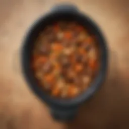 A rich and hearty stew slowly simmering in a ceramic slow cooker