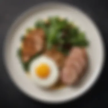 Artful Presentation of Moderate Carbohydrate Cuisine An elegant plate showcasing a balanced moderate carb meal with proteins and greens