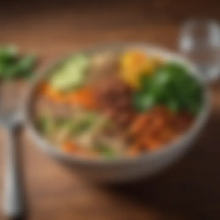 A hearty vegan bowl filled with legumes, vegetables, and quinoa.