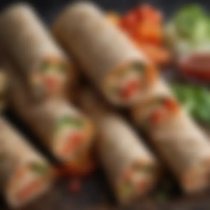 An assortment of whole grain wraps filled with various healthy ingredients.