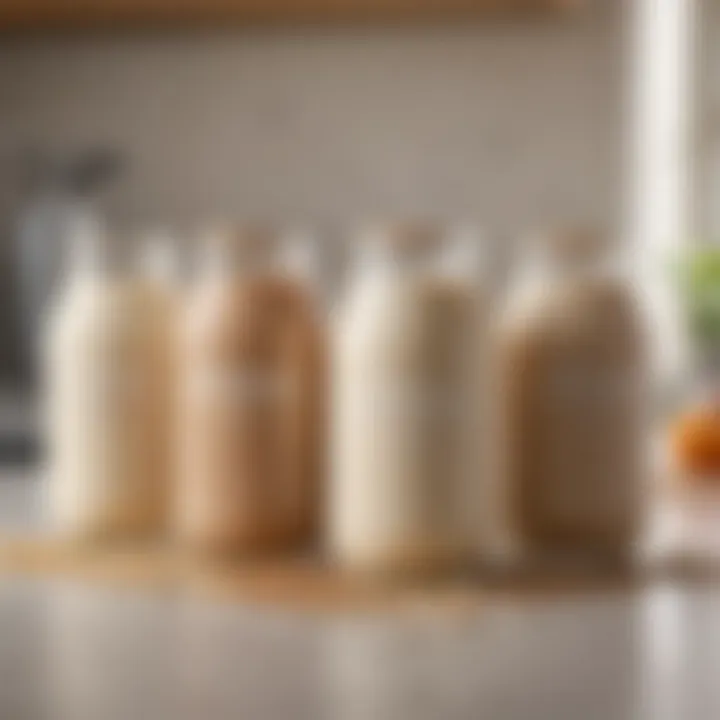 A variety of oat milk brands on a kitchen countertop