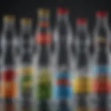 Different types of bottled water with labels showcasing their unique qualities